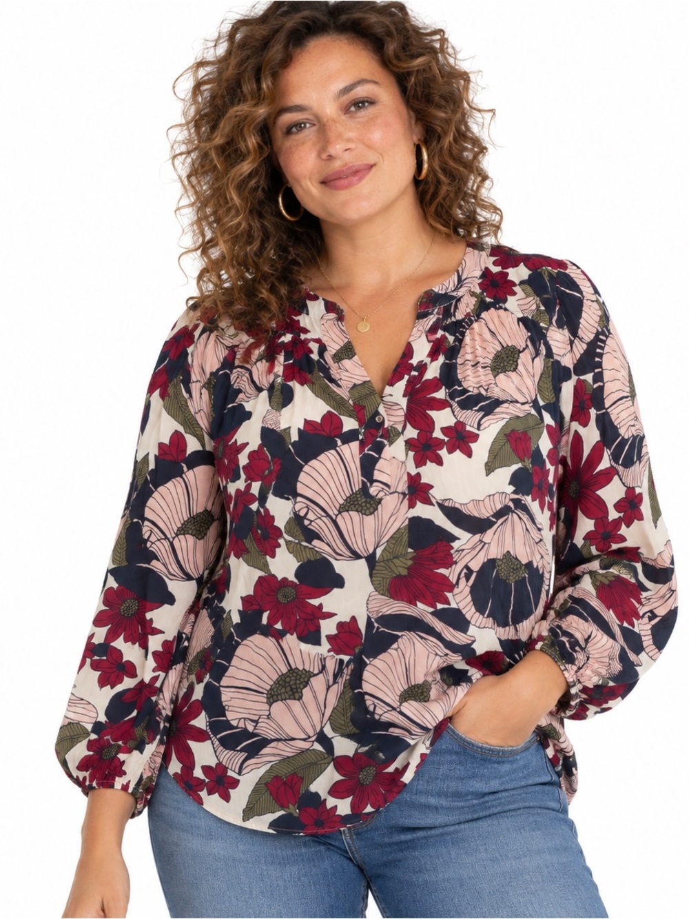 LOFT Floral Blouse Women’s XL Pink Navy Burgundy Rayon Long Sleeve